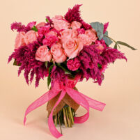 Blush Berry Bloom pink rose bouquet with blush roses, magenta textured blooms, eucalyptus, jute wrap, and pink ribbon by Rapid Petals by Yashken Fresh