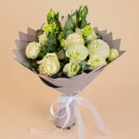 Ivory Sage Serenity bouquet with ivory roses, ivory lisianthus, and fresh eucalyptus by Rapid Petals by Yashken Fresh