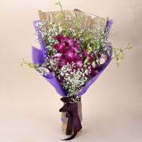 Orchid Mist Grace purple orchid bouquet with baby’s breath and elegant purple wrap by Rapid Petals by Yashken Fresh