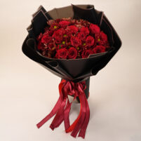 Velvet Rouge Noir luxury red rose bouquet with dark red chrysanthemums, black wrap, and wine-red ribbon by Rapid Petals by Yashken Fresh