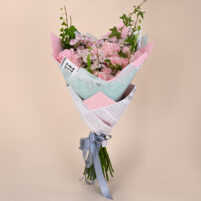 Blush Pink Grace pink rose bouquet with soft pink fillers, fresh greenery, pastel wrap, and grey ribbon by Rapid Petals by Yashken Fresh