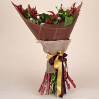 Mauve Garden Grace pink and mauve mixed flower bouquet with carnations, celosia accents, lush greenery, layered wrap, and ribbon by Rapid Petals by Yashken Fresh