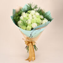 Mint Ivory Bloom white rose and green carnation bouquet in mint blue wrap with gold ribbon by Rapid Petals by Yashken Fresh