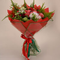 Rosy Garden Charm pink and red bouquet with roses, carnations, white flowers, fresh greenery, red wrap, and elegant ribbon by Rapid Petals by Yashken Fresh