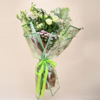 Sage Garden Whisper green flower bouquet with eucalyptus, baby’s breath, blush pink fillers, and transparent green wrap by Rapid Petals by Yashken Fresh