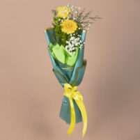 Sunshine Teal Bloom yellow rose and gerbera bouquet with baby’s breath, greenery, teal wrapping, and yellow satin ribbon by Rapid Petals
