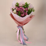 Teal Pink Rose Bouquet close view with red roses, pink roses, peach roses, and teal blue-green wrap by Rapid Petals by Yashken Fresh