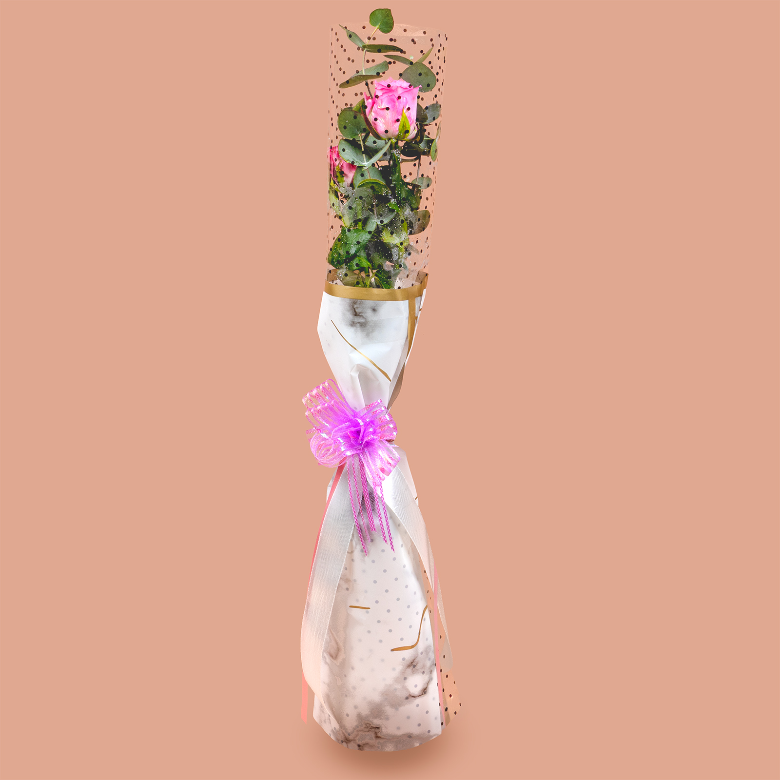 Blush Marble Serenade single pink rose bouquet with eucalyptus leaves, clear dotted wrap, marble-style paper, gold border, and pink ribbon by Rapid Petals by Yashken Fresh