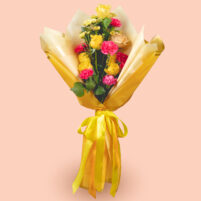 Honey Rose Carnival yellow rose bouquet with pink carnations, peach rose, baby’s breath, green leaves, and yellow wrap by Rapid Petals by Yashken Fresh
